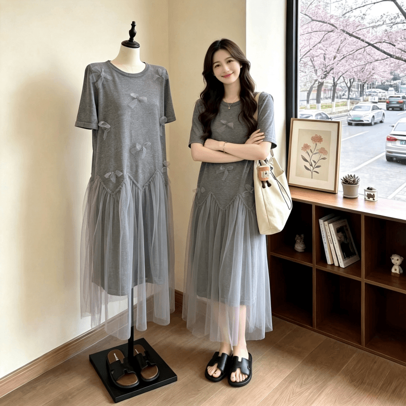 빅 사이즈 여성 의류 지방 mm 한 부서 나비 매듭 티셔츠 드레스 여름 슬림해 보이는 연령 감소 망사 루즈핏 드레스 상세 이미지 10