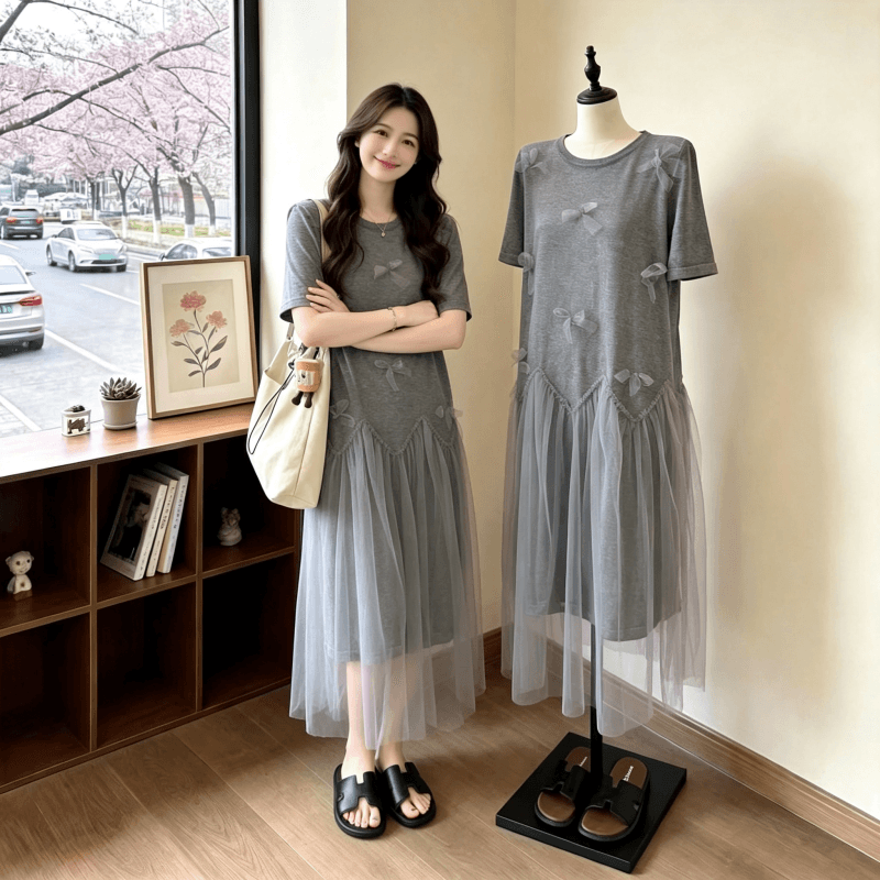 빅 사이즈 여성 의류 지방 mm 한 부서 나비 매듭 티셔츠 드레스 여름 슬림해 보이는 연령 감소 망사 루즈핏 드레스 상세 이미지 11