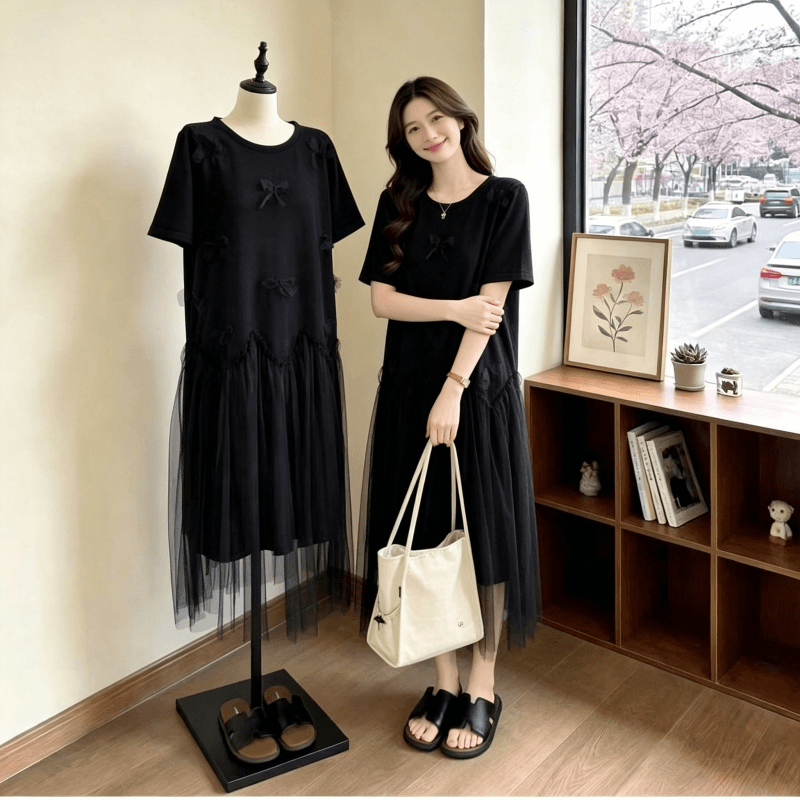 빅 사이즈 여성 의류 지방 mm 한 부서 나비 매듭 티셔츠 드레스 여름 슬림해 보이는 연령 감소 망사 루즈핏 드레스 상세 이미지 12