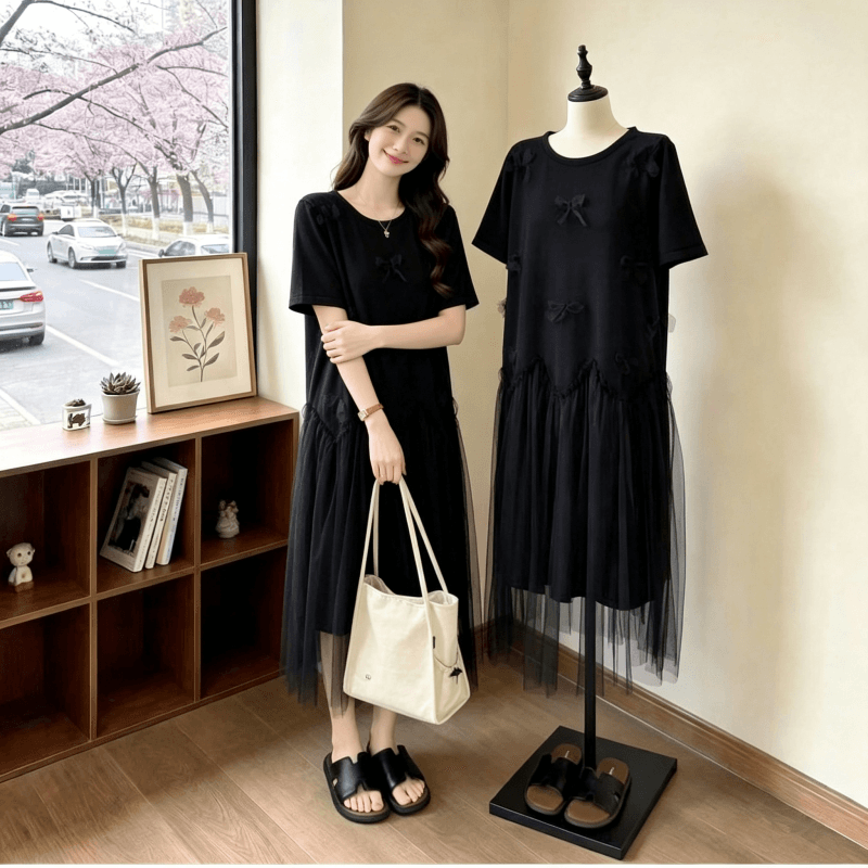 빅 사이즈 여성 의류 지방 mm 한 부서 나비 매듭 티셔츠 드레스 여름 슬림해 보이는 연령 감소 망사 루즈핏 드레스 상세 이미지 13
