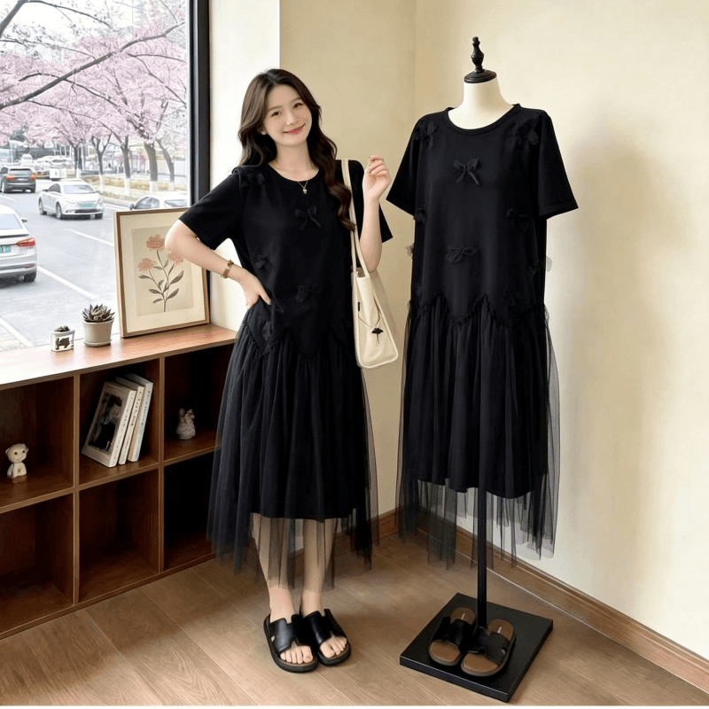 빅 사이즈 여성 의류 지방 mm 한 부서 나비 매듭 티셔츠 드레스 여름 슬림해 보이는 연령 감소 망사 루즈핏 드레스 상세 이미지 19