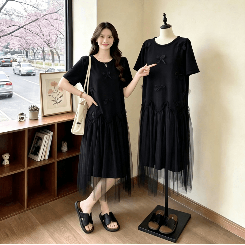 빅 사이즈 여성 의류 지방 mm 한 부서 나비 매듭 티셔츠 드레스 여름 슬림해 보이는 연령 감소 망사 루즈핏 드레스 상세 이미지 21