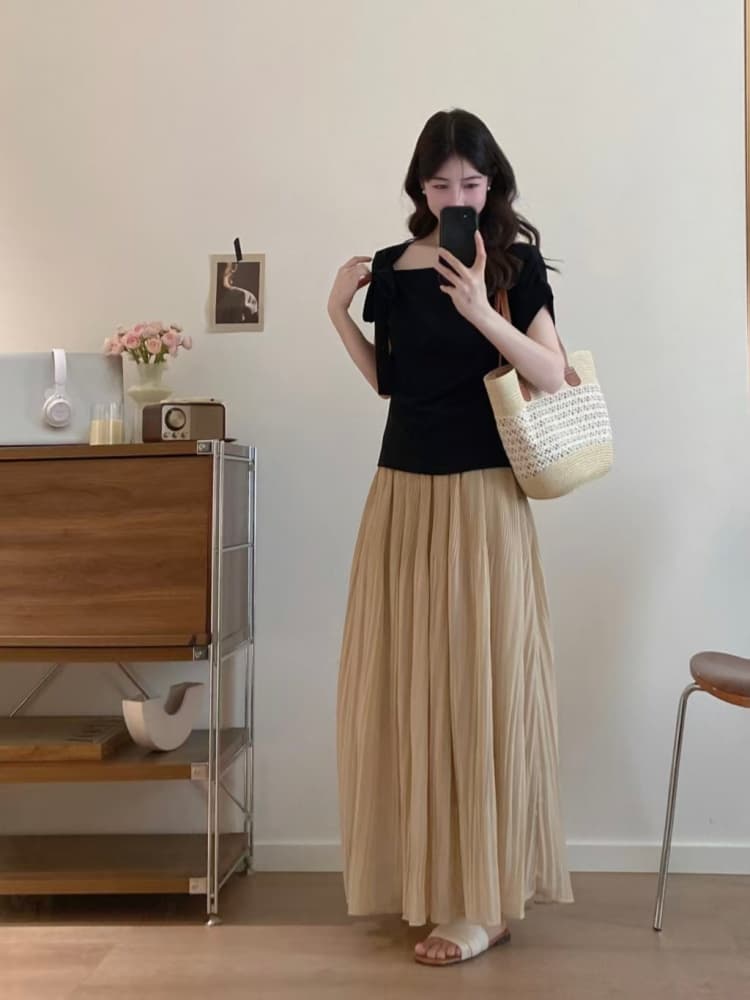 실사 빅 사이즈 여성 의류 여름 새로운 외국 가스 비스듬한 어깨 반팔 티셔츠 플리츠 한 마디 큰 진자 롱 스커트 슬림해 보이는 투피스 세트 상세 이미지 14