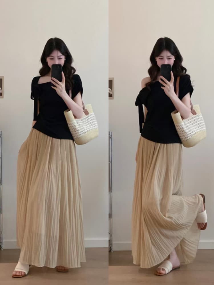 실사 빅 사이즈 여성 의류 여름 새로운 외국 가스 비스듬한 어깨 반팔 티셔츠 플리츠 한 마디 큰 진자 롱 스커트 슬림해 보이는 투피스 세트 상세 이미지 19