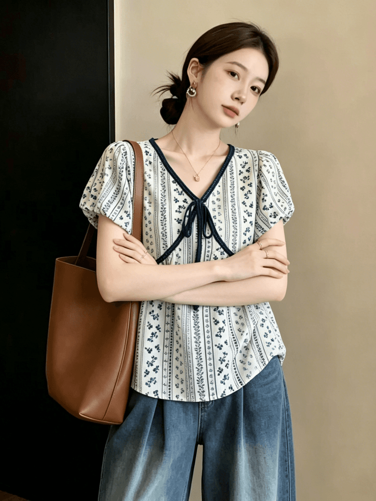 빅 사이즈 여성 의류 여름 달콤함 V넥 패치워크 레이스 거품 소매 맨위 지방 mm 디자인 센스 슬림해 보이는 다용도 셔츠 이미지 4