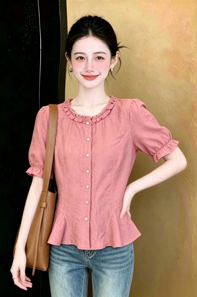 작은 샤넬 스타일 프릴 싱글 줄 버튼 허리 수축 셔츠 여름 빅 사이즈 지방 mm 패션 표지 배 슬림해 보이는 품격 작은 셔츠 이미지 6