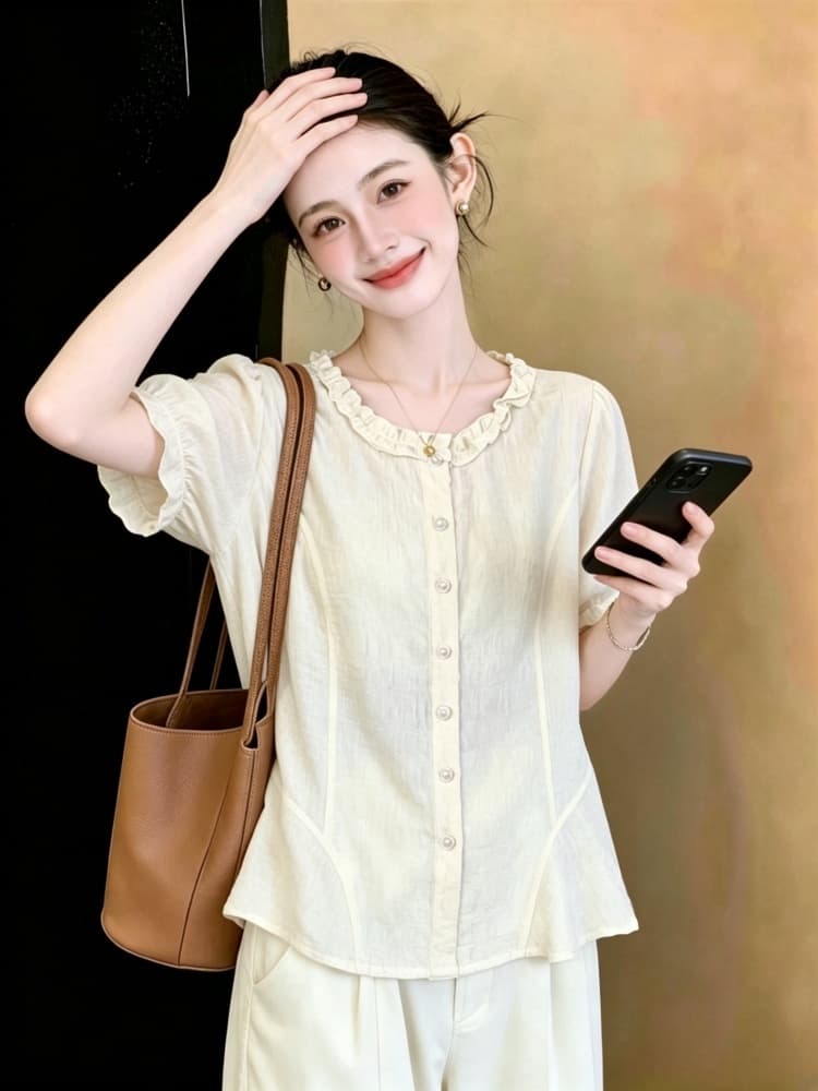작은 샤넬 스타일 프릴 싱글 줄 버튼 허리 수축 셔츠 여름 빅 사이즈 지방 mm 패션 표지 배 슬림해 보이는 품격 작은 셔츠 상세 이미지 10