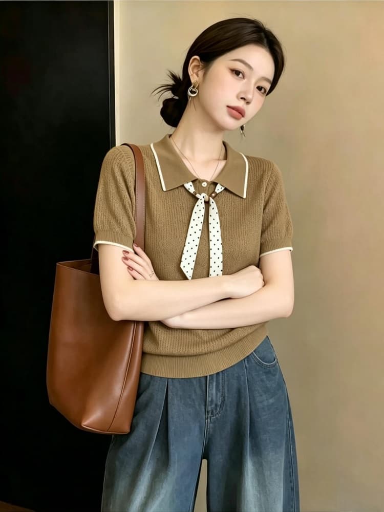 빅 사이즈 여성 의류 고급 센스 POLO 칼라 긍정적 인 어깨 반팔 티셔츠 여름 새로운 지방 mm 도트 무늬 스카프 다용도 맨위 상세 이미지 3