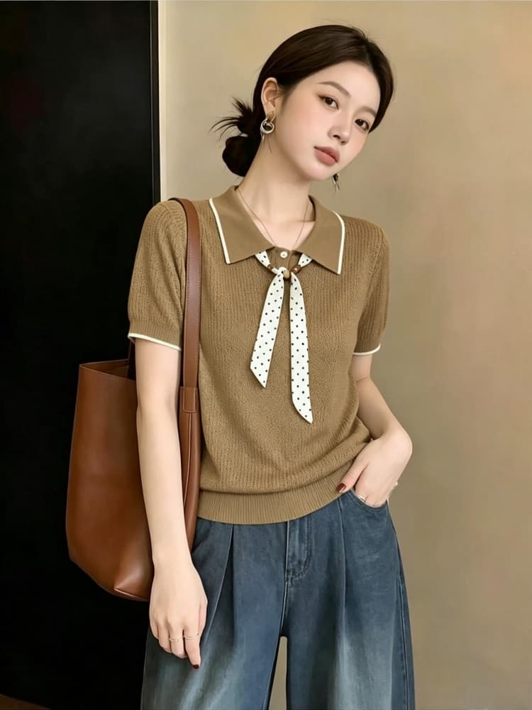 빅 사이즈 여성 의류 고급 센스 POLO 칼라 긍정적 인 어깨 반팔 티셔츠 여름 새로운 지방 mm 도트 무늬 스카프 다용도 맨위 상세 이미지 5