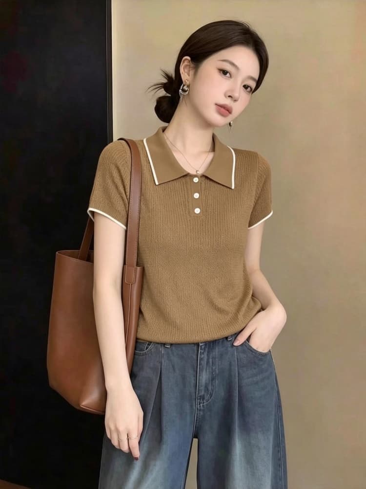 빅 사이즈 여성 의류 고급 센스 POLO 칼라 긍정적 인 어깨 반팔 티셔츠 여름 새로운 지방 mm 도트 무늬 스카프 다용도 맨위 상세 이미지 6