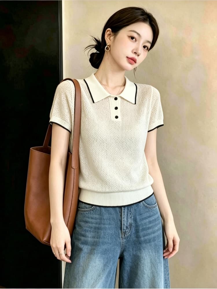 빅 사이즈 여성 의류 고급 센스 POLO 칼라 긍정적 인 어깨 반팔 티셔츠 여름 새로운 지방 mm 도트 무늬 스카프 다용도 맨위 상세 이미지 13
