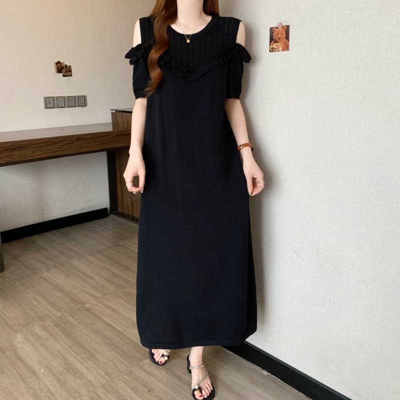 실사 빅 사이즈 여성 의류 지방 mm 여름 새로운 패션 프릴 오프숄더 품격 연령 감소 슬림해 보이는 표지 배 드레스 이미지 6
