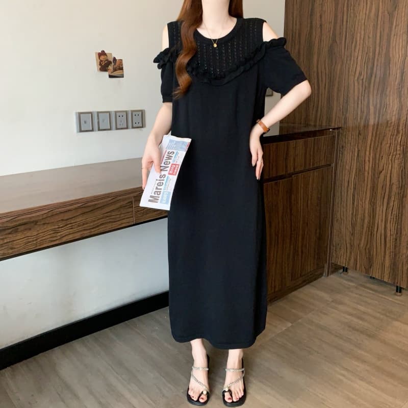 실사 빅 사이즈 여성 의류 지방 mm 여름 새로운 패션 프릴 오프숄더 품격 연령 감소 슬림해 보이는 표지 배 드레스 상세 이미지 3