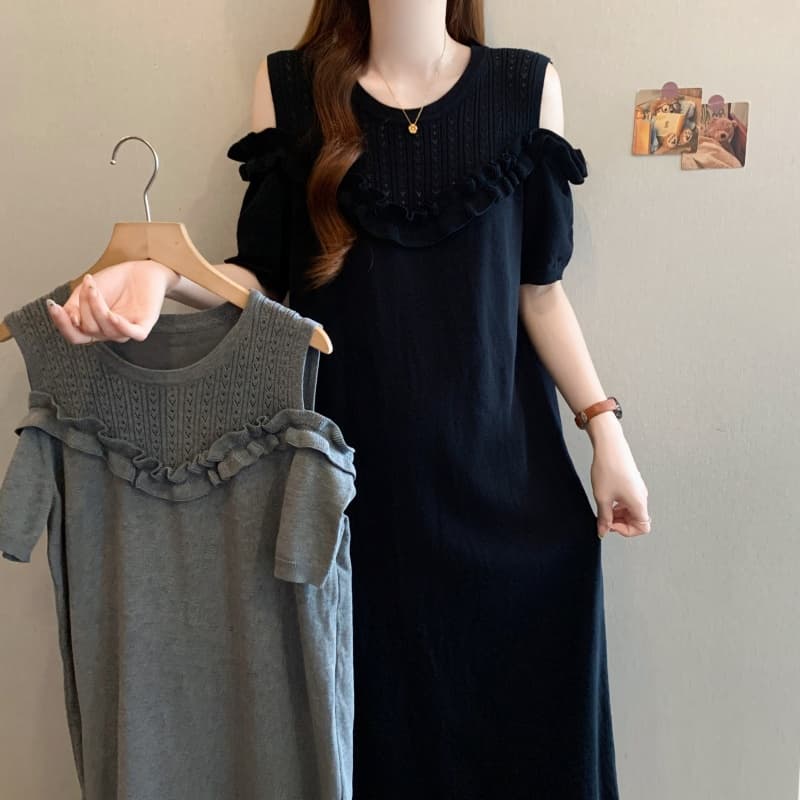 실사 빅 사이즈 여성 의류 지방 mm 여름 새로운 패션 프릴 오프숄더 품격 연령 감소 슬림해 보이는 표지 배 드레스 상세 이미지 8