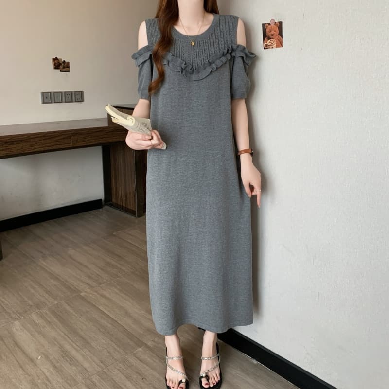 실사 빅 사이즈 여성 의류 지방 mm 여름 새로운 패션 프릴 오프숄더 품격 연령 감소 슬림해 보이는 표지 배 드레스 상세 이미지 21
