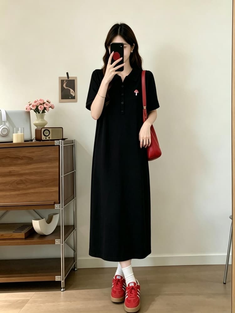 실사 빅 사이즈 여성 의류 여름 새로운 지방 mm 디자인 센스 POLO 칼라 자수 연령 감소 슬림해 보이는 니트 드레스 상세 이미지 10