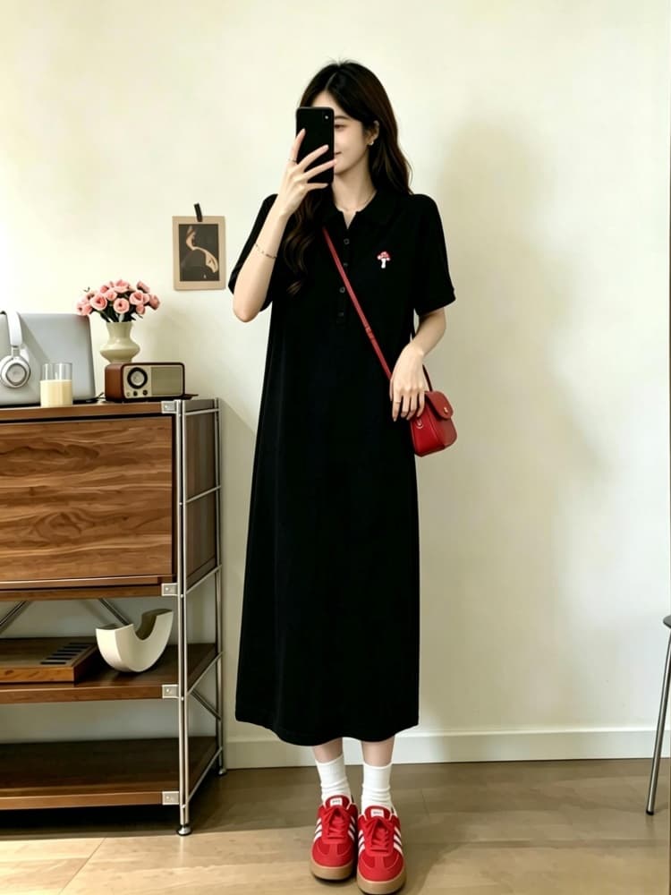 실사 빅 사이즈 여성 의류 여름 새로운 지방 mm 디자인 센스 POLO 칼라 자수 연령 감소 슬림해 보이는 니트 드레스 상세 이미지 13