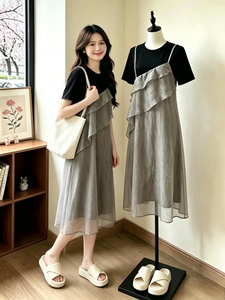실사 빅 사이즈 여성 의류 지방 mm 패션 패치워크 페이크 레이어드 드레스 루즈핏 디자인 센스 슬림해 보이는 표지 배 치마 이미지 3