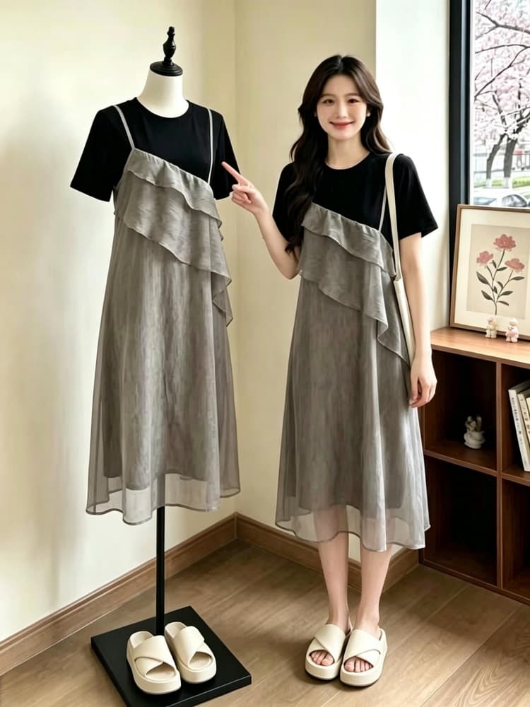 실사 빅 사이즈 여성 의류 지방 mm 패션 패치워크 페이크 레이어드 드레스 루즈핏 디자인 센스 슬림해 보이는 표지 배 치마 상세 이미지 1