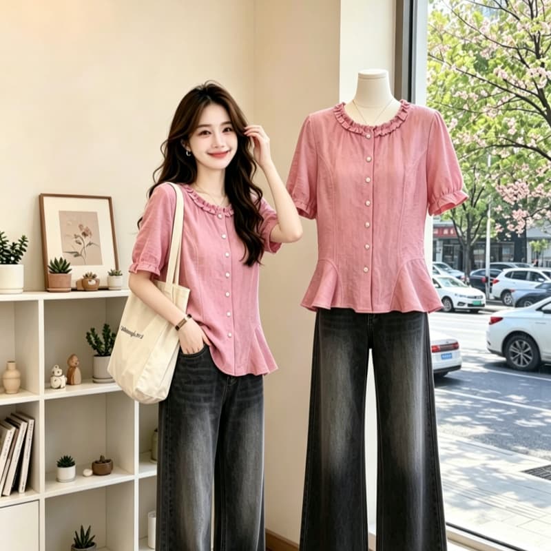 실사 작은 샤넬 스타일 프릴 싱글 줄 버튼 허리 수축 셔츠 여름 빅 사이즈 지방 mm 패션 슬림해 보이는 품격 작은 셔츠 이미지 5