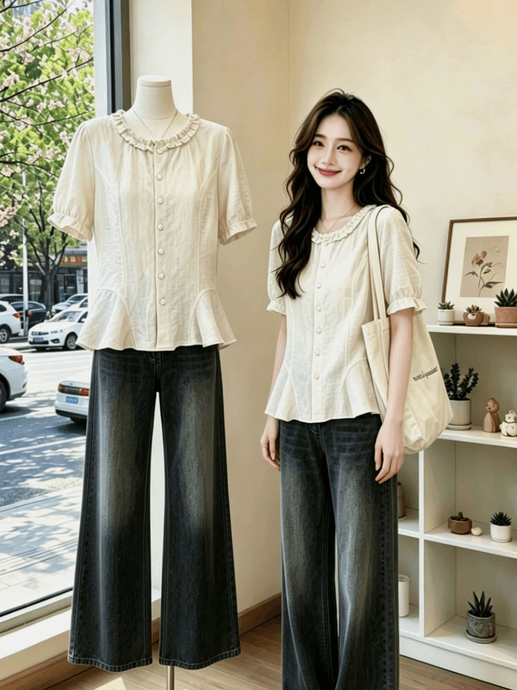 실사 작은 샤넬 스타일 프릴 싱글 줄 버튼 허리 수축 셔츠 여름 빅 사이즈 지방 mm 패션 슬림해 보이는 품격 작은 셔츠 상세 이미지 9