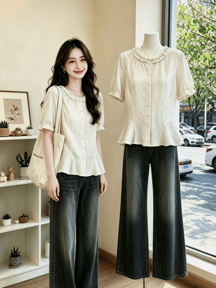 실사 작은 샤넬 스타일 프릴 싱글 줄 버튼 허리 수축 셔츠 여름 빅 사이즈 지방 mm 패션 슬림해 보이는 품격 작은 셔츠 상세 이미지 10