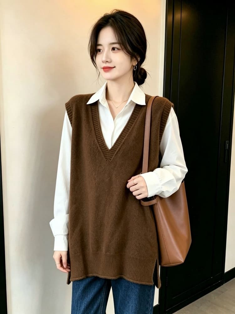 실사 빅 사이즈 여성 의류 가을 한 부서 볼륨 측면 V넥 미니멀리즘 단색 풀오버 니트 베스트 루즈핏 다용도 스웨터