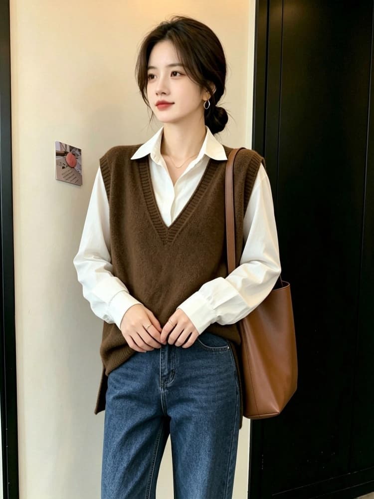 실사 빅 사이즈 여성 의류 가을 한 부서 볼륨 측면 V넥 미니멀리즘 단색 풀오버 니트 베스트 루즈핏 다용도 스웨터 상세 이미지 11