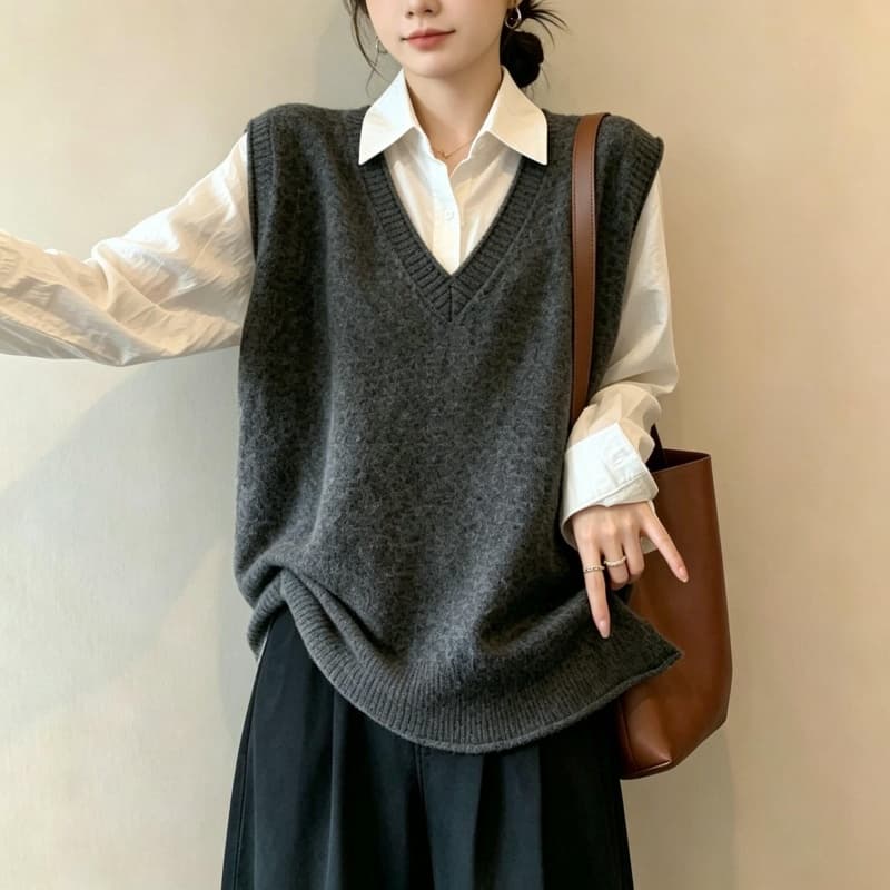 실사 빅 사이즈 여성 의류 가을 한 부서 볼륨 측면 V넥 미니멀리즘 단색 풀오버 니트 베스트 루즈핏 다용도 스웨터 상세 이미지 18