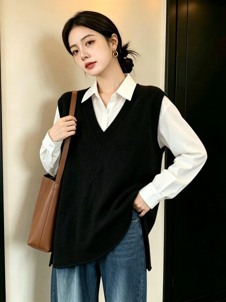 실사 빅 사이즈 여성 의류 가을 한 부서 볼륨 측면 V넥 미니멀리즘 단색 풀오버 니트 베스트 루즈핏 다용도 스웨터 상세 이미지 22