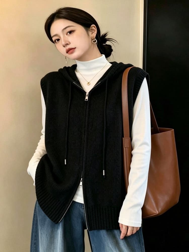 실사 빅 사이즈 여성 의류 가을 지방 mm 패션 더블 지퍼 후드 베스트 루즈핏 슬림해 보이는 다용도 스웨터 코트 이미지 2