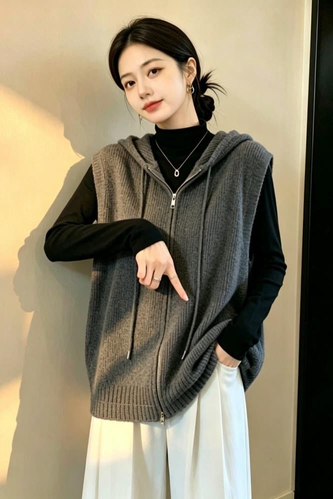 실사 빅 사이즈 여성 의류 가을 지방 mm 패션 더블 지퍼 후드 베스트 루즈핏 슬림해 보이는 스택 착용 스웨터 코트 이미지 6