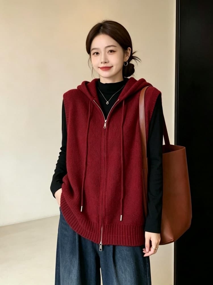 실사 빅 사이즈 여성 의류 가을 지방 mm 패션 더블 지퍼 후드 베스트 루즈핏 슬림해 보이는 다용도 스웨터 코트 상세 이미지 9