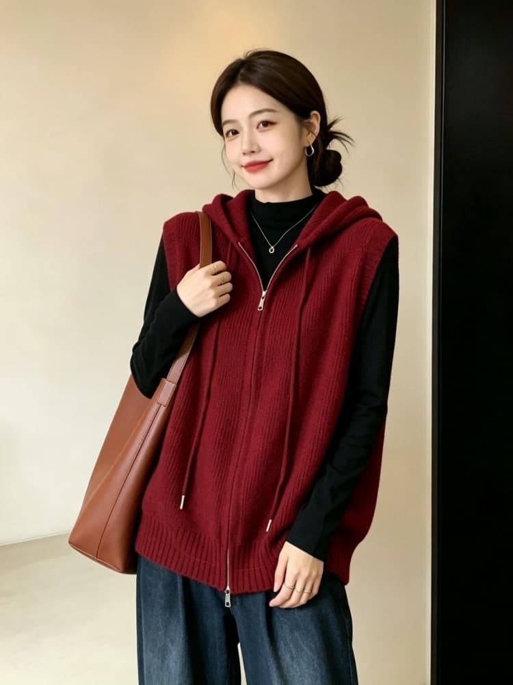 실사 빅 사이즈 여성 의류 가을 지방 mm 패션 더블 지퍼 후드 베스트 루즈핏 슬림해 보이는 다용도 스웨터 코트 상세 이미지 10