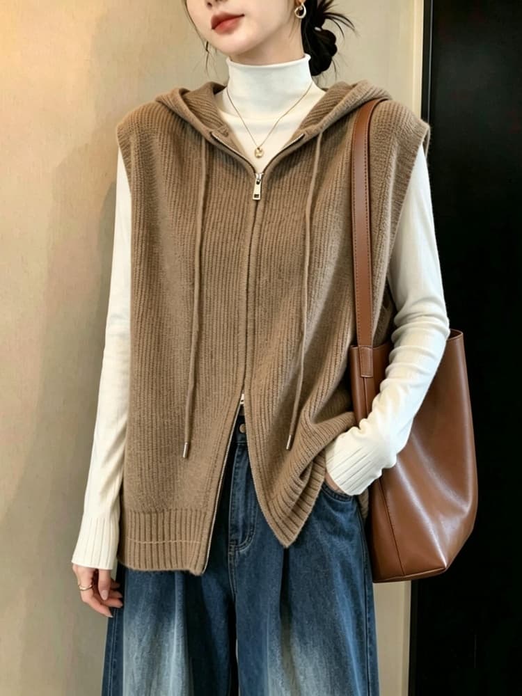 실사 빅 사이즈 여성 의류 가을 지방 mm 패션 더블 지퍼 후드 베스트 루즈핏 슬림해 보이는 다용도 스웨터 코트 상세 이미지 19