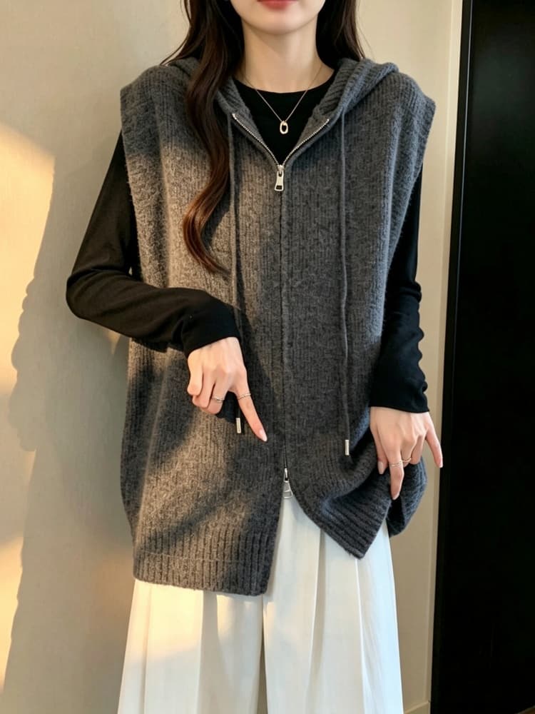 실사 빅 사이즈 여성 의류 가을 지방 mm 패션 더블 지퍼 후드 베스트 루즈핏 슬림해 보이는 다용도 스웨터 코트 상세 이미지 21