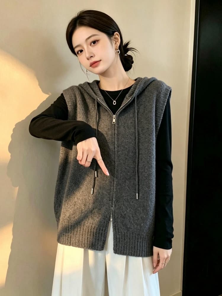 실사 빅 사이즈 여성 의류 가을 지방 mm 패션 더블 지퍼 후드 베스트 루즈핏 슬림해 보이는 다용도 스웨터 코트 상세 이미지 22