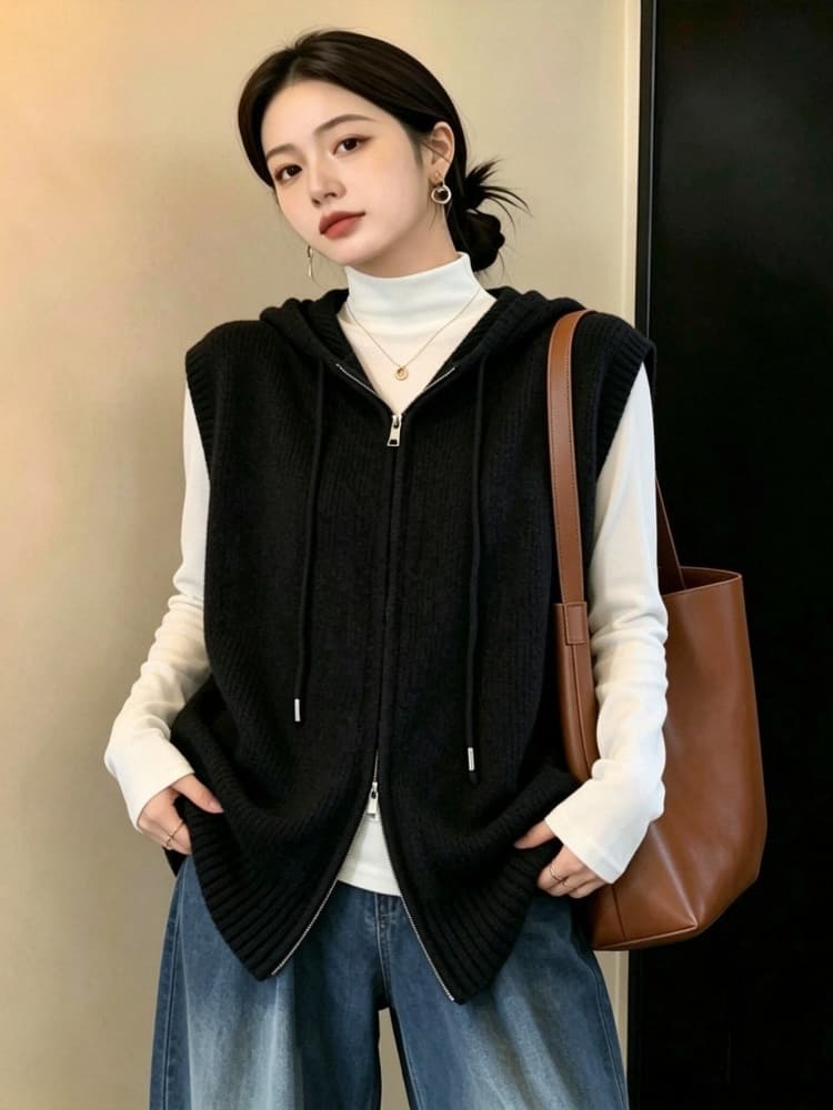 실사 빅 사이즈 여성 의류 가을 지방 mm 패션 더블 지퍼 후드 베스트 루즈핏 슬림해 보이는 다용도 스웨터 코트 상세 이미지 28