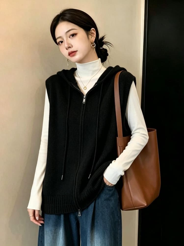 실사 빅 사이즈 여성 의류 가을 지방 mm 패션 더블 지퍼 후드 베스트 루즈핏 슬림해 보이는 다용도 스웨터 코트 상세 이미지 29