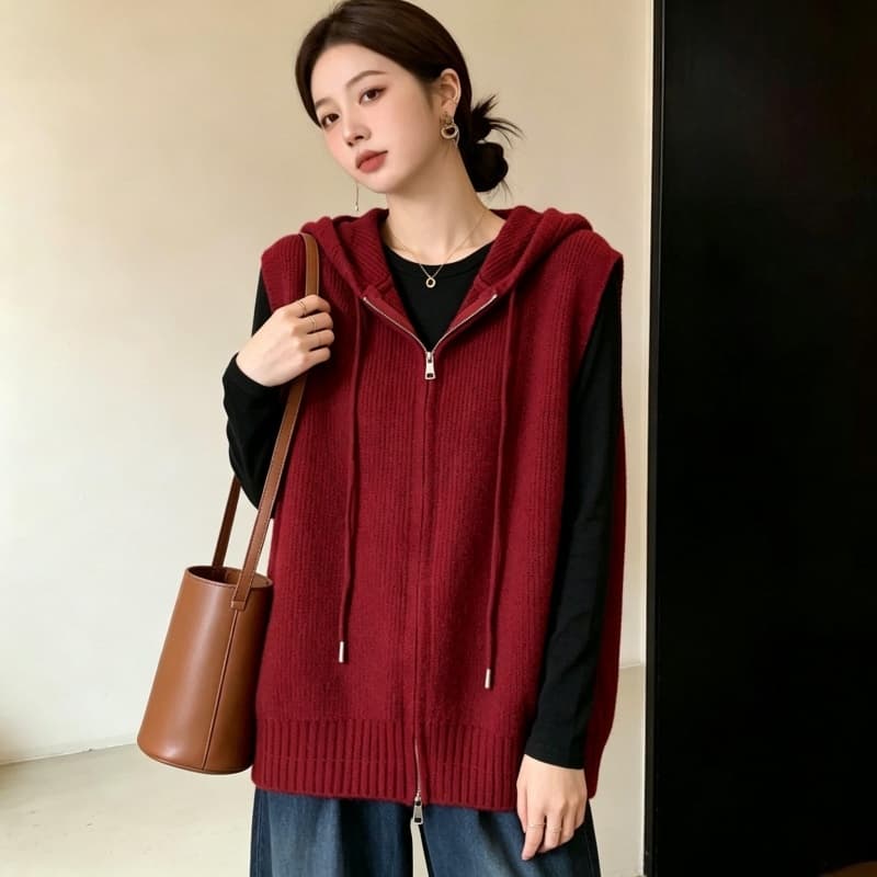 실사 빅 사이즈 여성 의류 가을 지방 mm 패션 더블 지퍼 후드 베스트 루즈핏 슬림해 보이는 다용도 스웨터 코트 이미지 5