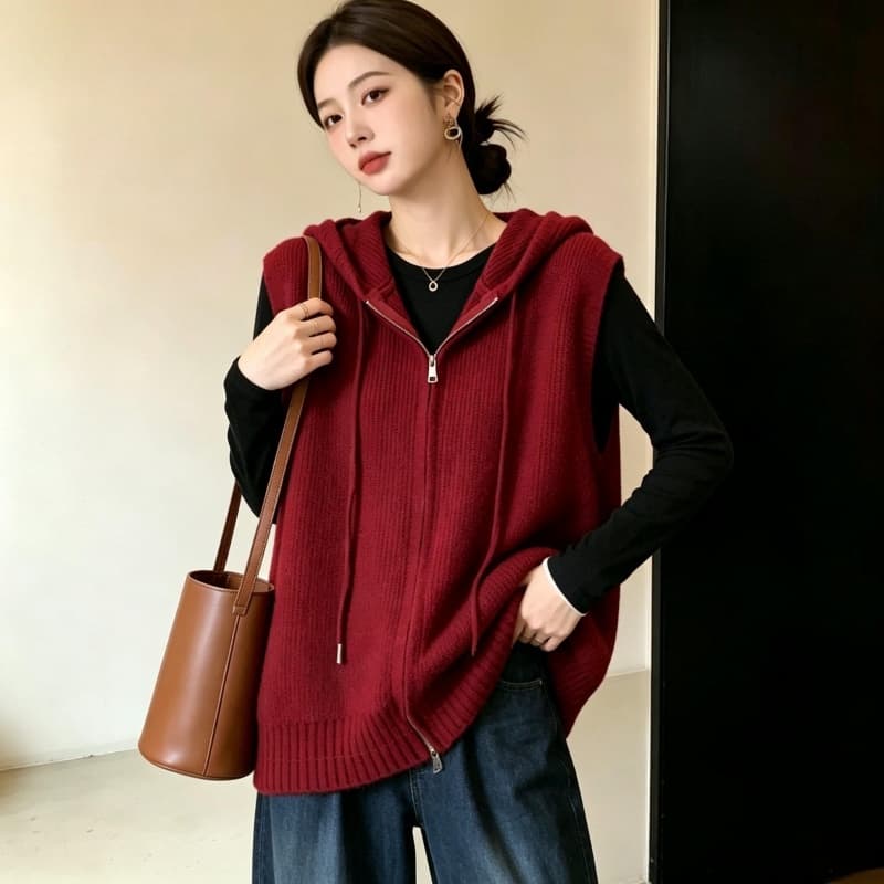 실사 빅 사이즈 여성 의류 가을 지방 mm 패션 더블 지퍼 후드 베스트 루즈핏 슬림해 보이는 스택 착용 스웨터 코트 이미지 5