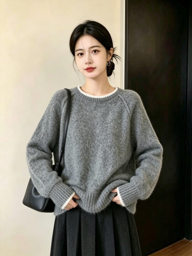 실사 빅 사이즈 여성 의류 가을 겨울 지방 mm 부드러운 찹쌀 라운드 넥 니트 스웨터 쇼트 스타일 맨위 패션 연령 감소 다용도 스웨터 이미지 2