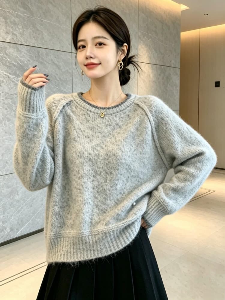 실사 빅 사이즈 여성 의류 가을 겨울 지방 mm 부드러운 찹쌀 라운드 넥 니트 스웨터 쇼트 스타일 맨위 패션 연령 감소 다용도 스웨터 상세 이미지 3