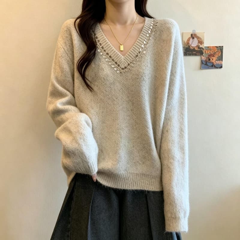 실사 빅 사이즈 여성 의류 지방 mm 패션 구슬 조각 V넥 스웨터 가을 겨울 디자인 센스 슬림해 보이는 다용도 니트 맨위 상세 이미지 30