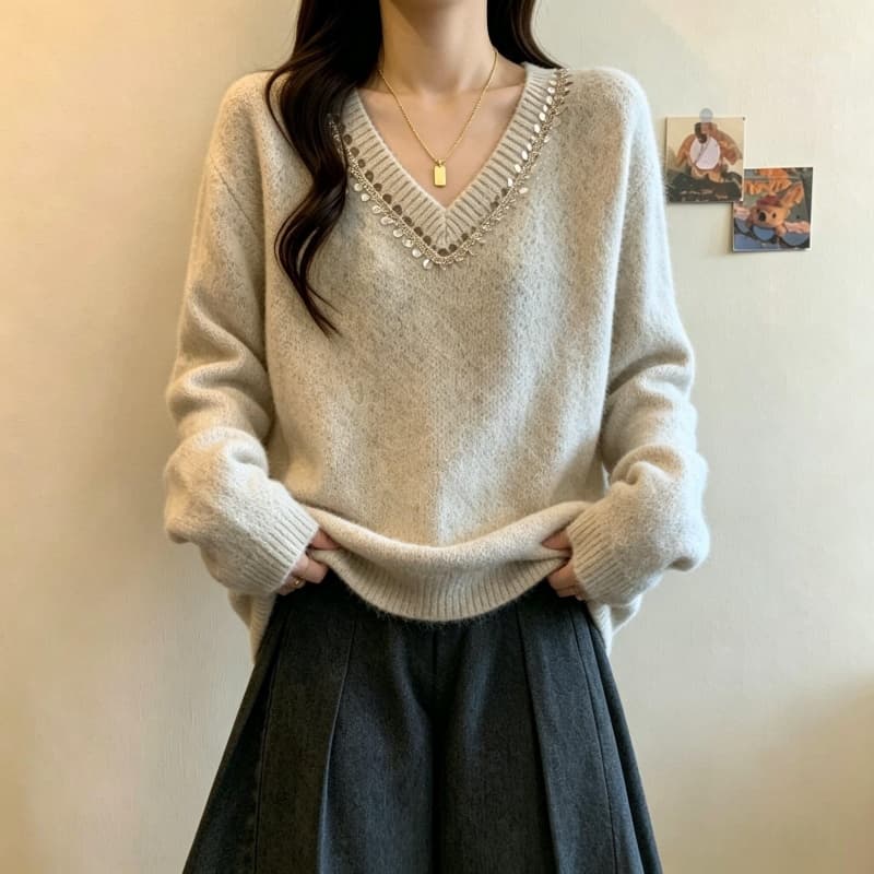 실사 빅 사이즈 여성 의류 가을 지방 mm 패션 구슬 조각 V넥 스웨터 디자인 센스 슬림해 보이는 다용도 니트 맨위 상세 이미지 30