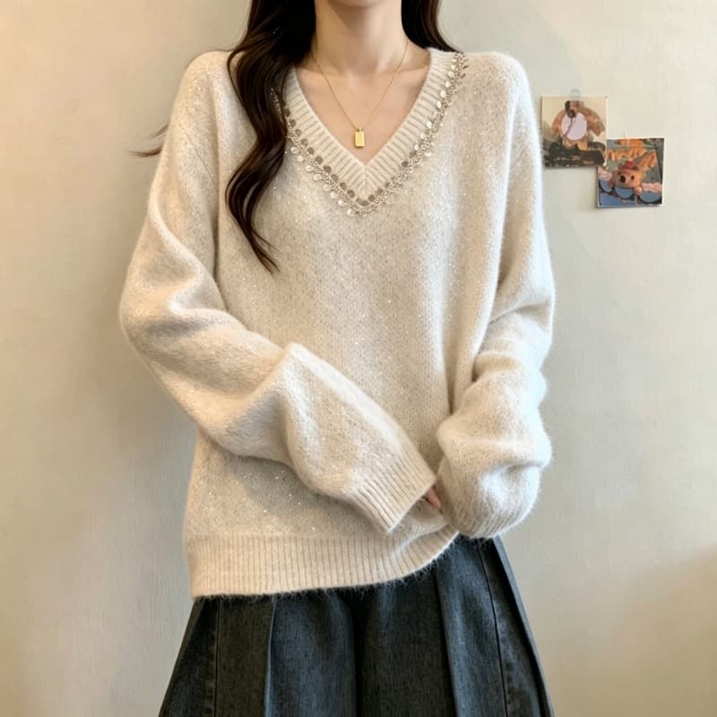 실사 빅 사이즈 여성 의류 지방 mm 패션 구슬 조각 V넥 스웨터 가을 겨울 디자인 센스 슬림해 보이는 다용도 니트 맨위 상세 이미지 29