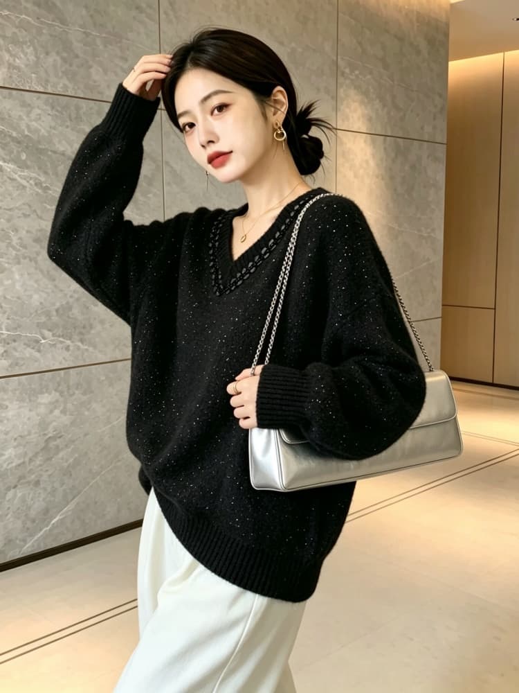 실사 빅 사이즈 여성 의류 지방 mm 패션 구슬 조각 V넥 스웨터 가을 겨울 고급 센스 슬림해 보이는 다용도 니트 맨위 상세 이미지 12