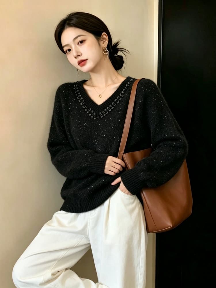 실사 빅 사이즈 여성 의류 지방 mm 패션 구슬 조각 V넥 스웨터 가을 겨울 고급 센스 슬림해 보이는 다용도 니트 맨위 상세 이미지 15