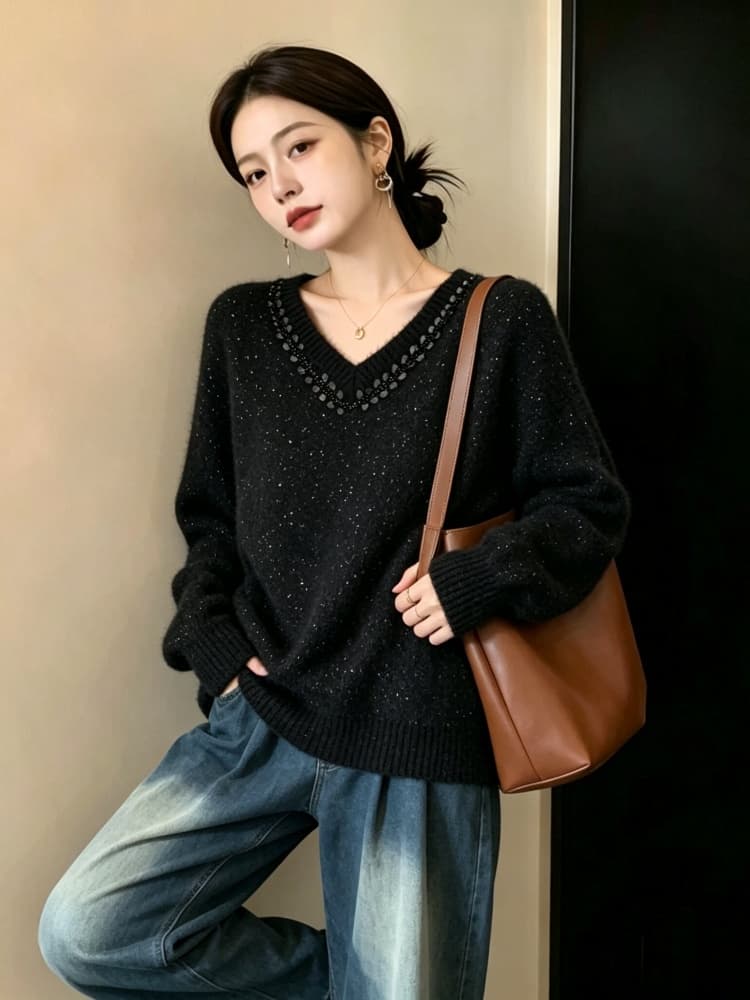 실사 빅 사이즈 여성 의류 지방 mm 패션 구슬 조각 V넥 스웨터 가을 겨울 고급 센스 슬림해 보이는 다용도 니트 맨위 상세 이미지 36
