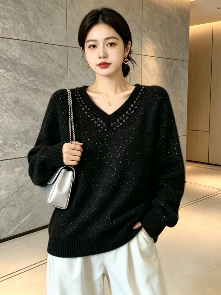 실사 빅 사이즈 여성 의류 지방 mm 패션 구슬 조각 V넥 스웨터 가을 겨울 고급 센스 슬림해 보이는 다용도 니트 맨위 이미지 3